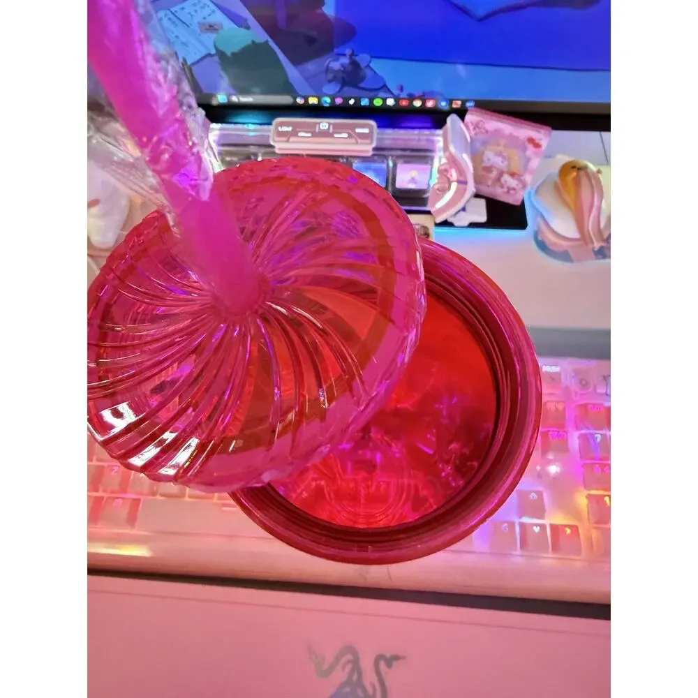 Hello Kitty Swirl Tumbler Lid Straw Shiny Metallic Spiral Plastic Pink Sanrio